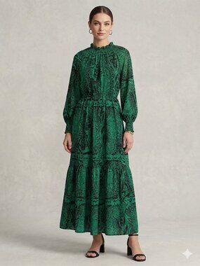 JODIFL Green and Black Paisley Long Sleeve Tiered Maxi Dress